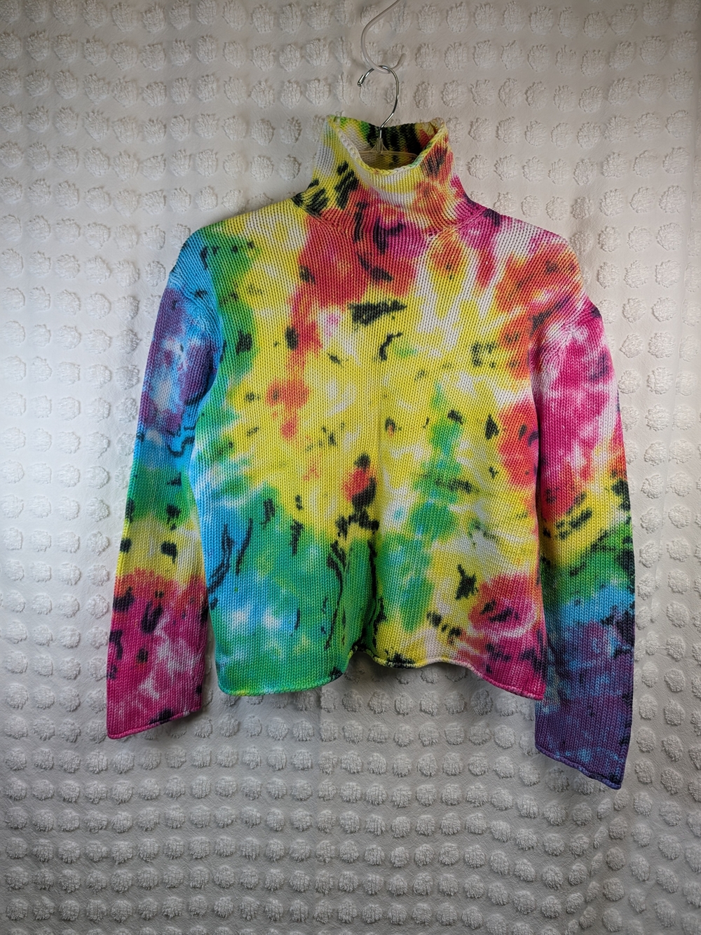 Rainbow Tie Dye Turtleneck Knit Sweater Vibrant Festival Size M 100% Cotton